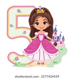 Cute princess with beautiful eyes in a pink dress and number 5 on white background. Happy Birthday concept. For Greeting Card or Invitation. Vector illustration in flat cartoon style