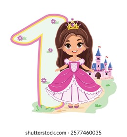 Cute princess with beautiful eyes in a pink dress and number 1 on white background. Happy Birthday concept. For Greeting Card or Invitation. Vector illustration in flat cartoon style