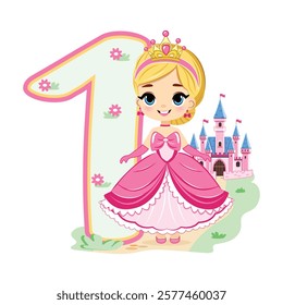 Cute princess with beautiful eyes in a pink dress and number 1 on white background. Happy Birthday concept. For Greeting Card or Invitation. Vector illustration in flat cartoon style