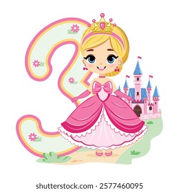 Cute princess with beautiful eyes in a pink dress and number 3 on white background. Happy Birthday concept. For Greeting Card or Invitation. Vector illustration in flat cartoon style