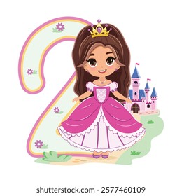 Cute princess with beautiful eyes in a pink dress and number 2 on white background. Happy Birthday concept. For Greeting Card or Invitation. Vector illustration in flat cartoon style