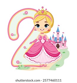 Cute princess with beautiful eyes in a pink dress and number 2 on white background. Happy Birthday concept. For Greeting Card or Invitation. Vector illustration in flat cartoon style