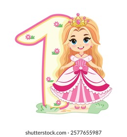 Cute princess with beautiful eyes in a pink dress and number 1 on white background. Happy Birthday concept. For Greeting Card or Invitation. Vector illustration in flat cartoon style