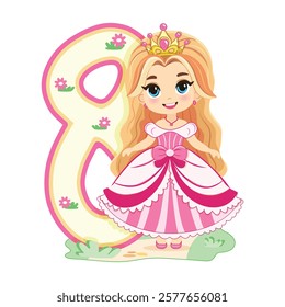 Cute princess with beautiful eyes in a pink dress and number 8 on white background. Happy Birthday concept. For Greeting Card or Invitation. Vector illustration in flat cartoon style