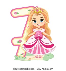 Cute princess with beautiful eyes in a pink dress and number 7 on white background. Happy Birthday concept. For Greeting Card or Invitation. Vector illustration in flat cartoon style