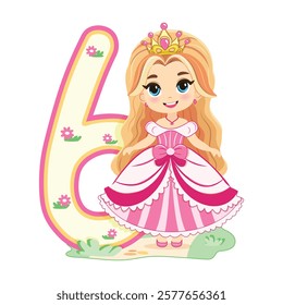 Cute princess with beautiful eyes in a pink dress and number 6 on white background. Happy Birthday concept. For Greeting Card or Invitation. Vector illustration in flat cartoon style