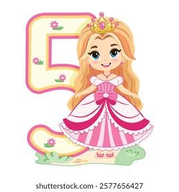 Cute princess with beautiful eyes in a pink dress and number 5 on white background. Happy Birthday concept. For Greeting Card or Invitation. Vector illustration in flat cartoon style