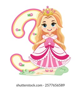 Cute princess with beautiful eyes in a pink dress and number 3 on white background. Happy Birthday concept. For Greeting Card or Invitation. Vector illustration in flat cartoon style