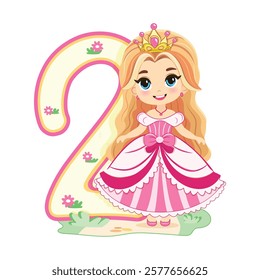 Cute princess with beautiful eyes in a pink dress and number 2 on white background. Happy Birthday concept. For Greeting Card or Invitation. Vector illustration in flat cartoon style