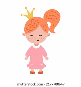Cute princess with beautiful hairstyle. little girl in dress. Crown on head. Funny character. Illustration for children. Poster nursery.