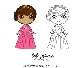 Cute princess in beautiful pink gown. Children colouring book page.