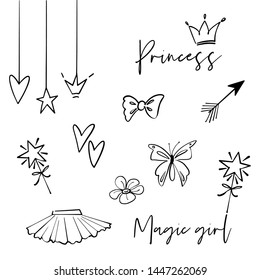 Cute princess black line art illustration. Baby girl symbol, logo, icon illustration. Doodle hand drawn art. Vector linear decoration, white background.