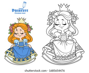 Cute princess in blue dress curtsy outlined and color for coloring book