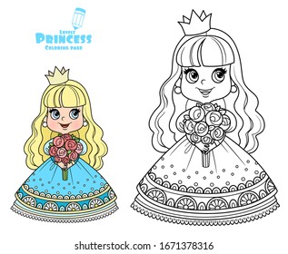 Cute princess in blue dress holding a bouquet of roses in hands outlined and color for coloring book