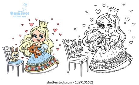 Cute princess in blue dress holding teddy bear and with plush bunny on a chair outlined and colored for coloring book