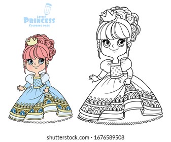 Cute princess in blue dress outlined and color for coloring book