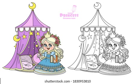 Cute princess with a book in his hands near the tent with pillows outlined and color for coloring book