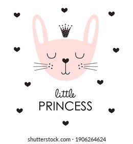 lindo conejo de princesa en corona con texto y corazones aislados en fondo blanco, ilustración vectorial