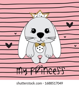 cute princess bunny girl vector illustration, T-shirt graphics design for kids, Easter bunny cartoon