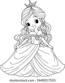 Cute princess cartoon coloring page vector.