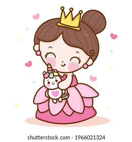 Cute princess cartoon hug unicorn vector pony cartoon kawaii animals background friendship: Series fairy tale characters horse (flat Girly doodles). Perfect Nursery children, kids, greeting card,baby.