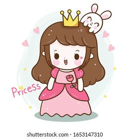 Cute princess cartoon with rose, girl vector doodles (Kawaii character) Illustration of little pastel for valentine, birthday, magic love Children Nursery decoration, hand drawn. Perfect for kid card.