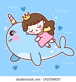 Cute princess cartoon sleep on narwhal vector marine life kawaii animals background: Series fairy tale characters horn sweet friendship (flat Girly doodles). Perfect Nursery children, kids, greeting.