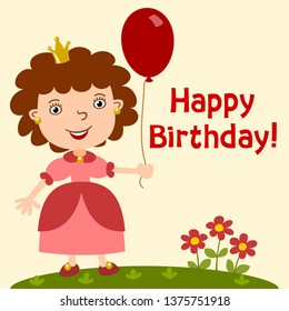 Cute princess in cartoon style with bouquet in hand - happy birthday card