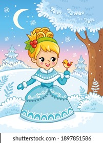 Cute princess in a cartoon style in snow forest and holding a bird in her hands. Vector illustration with a girl in a beautiful dress.