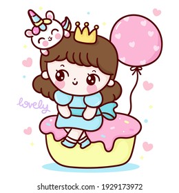 Cute princess cartoon and unicorn vector sit on birthday cake with party balloon kawaii character: Series fairy tale characters horse (flat Girly doodles). Perfect Nursery children, kids, greeting.