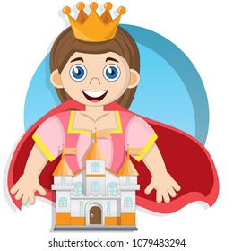 Cute princess with a castle. Isolated on white background. Vector illustration.