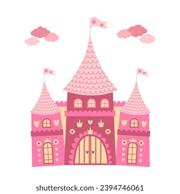 Cute princess castle in pink color with a crown and hearts. Fairy castle towers palace with gate. Cartoon vector isolated.