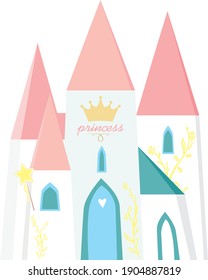 Cute princess castle with pink towers and fairy wand 