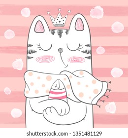 Cute princess cat with fish. Hand draw