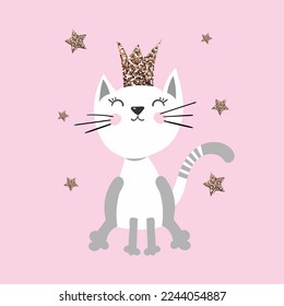 Cute princess cat girl with a glitter crown on pink background