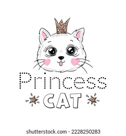 Cute princess cat with a glitter crown and inscription lettering My princess cat.