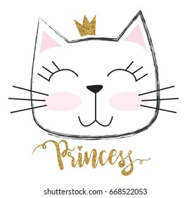 süße Prinzessin Katze mit glänzender Krone. Für Druck-, Baby-, T-Shirt-, Kind- oder Umhüllungspapier. Kreatives, mädchenhaftes Originaldesign 