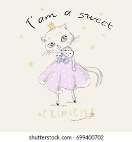 Cute princess cat with slogan and stars. Vector baby patch for fashion apparels, t shirt, stickers and printed tee design.