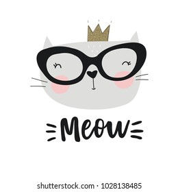 Cute princess cat vector print. Meow