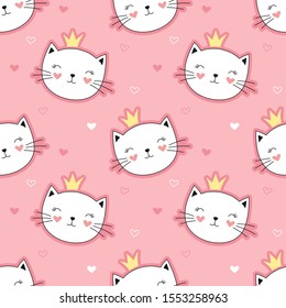 Cute princess cats seamless pattern, little kitty. Girlish print for textiles, packaging, fabrics, wallpapers.