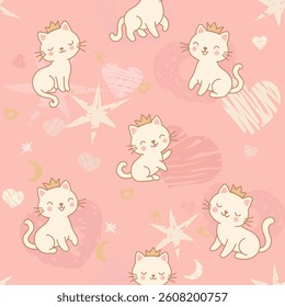 Cute Princess Cats Seamless Pattern
