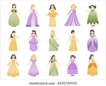 Cute princess character. Cartoon fairy tale medieval girls with different hair style and dress up costume, fantasy royalty. Vector isolated set of cartoon medieval princess illustration