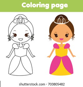 Cute princess. Coloring page. Drawing educational game for toddlers kids. Printable activity sheet