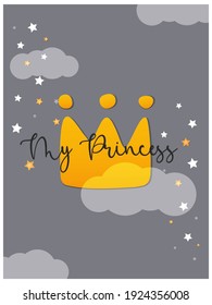 Cute princess crown card, kids background. Vector illustration.
