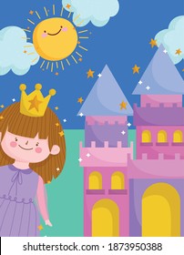 cute princess with crown and castle sunny day cartoon vector illustration