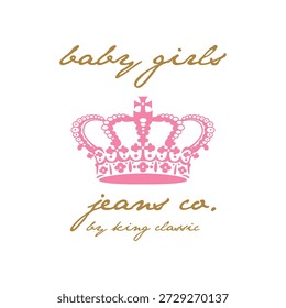 Cute princess crown vector illustration. Pink tiara symbol with golden handwritten text. Baby fashion logo design for t-shirt print or apparel branding.
