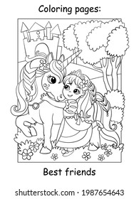 Cute princess cuddles with a unicorn. Coloring book page for children. Vector cartoon illustration isolated on white background. For coloring book, education, print, game, decor, puzzle, design