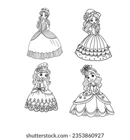Cute princess dancing outlined and color for coloring book