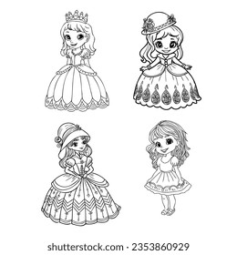 Cute princess dancing outlined and color for coloring book