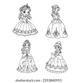 Cute princess dancing outlined and color for coloring book